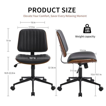 VipDesk Small Home Office Chair - Armless Mid Back Desk Chair with 360° Swivel and Wheels, PU Upholstered Height Adjustable Modern Walnut Computer Chair for Home, Office Meeting Room - Black - color: Black, size: Classic