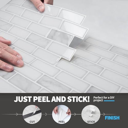 Art3d 10-Pack Peel and Stick Stone Backsplash Tile, 12" x 12", White Marble | Strong Adhesion, Lightweight, Cuttable, Waterproof, Fadeless, Crack Resistant, for Kitchen, Bedroom, Ideal for Recently Moved - color: White Marble