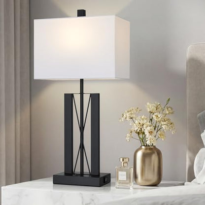 Lolikit 25" Table Lamps for Living Room Set of 2, Modern Table Lamp with 2 USB Charging Ports, Nightstand Geometric Bedside Lamp with White Shade for Bedroom End Table Desk Office(2 LED Bulb Included) - color: White - 25"H