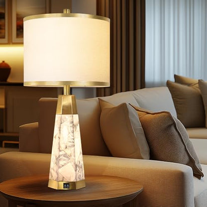 KIVDITZO 27" Alabaster Table Lamps Set of 2 for Bedroom with Night Light | Bedside Lamps with White Linen Shade, Nightstand Table Lamp with USB A+C Port, for Living Room Office (Bulbs Included) - color: Gold