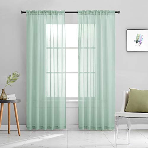 Green Semi Sheer Curtains 95 Inches Long Faux Linen Sage Green Sheers Curtain for Bedroom Living Room Girls Kids Room 2 Panels 52x95 - color: Mint Green, size: 52"W x 95"L (Pack of 2)