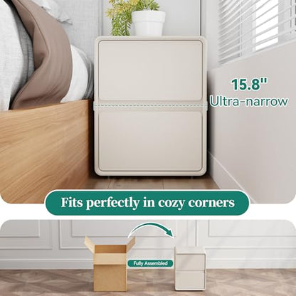 15.8" W Faux Leather Narrow Nightstand, Fully-Assembled Bedside Table with 2 Drawers, Wood Night Stand Small Accent End Table & Side Table for Bedroom, Cream White - color: Cream, size: 16in