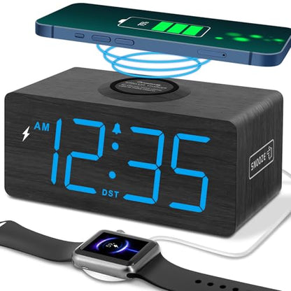 DreamSky Wooden Digital Alarm Clock with Wireless Charging for Bedroom | Bedside Nightstand Clock with Charger Station, USB Port, Large Numbers, Adjustable Volume, Brightness Dimmer, DST - color: Blue