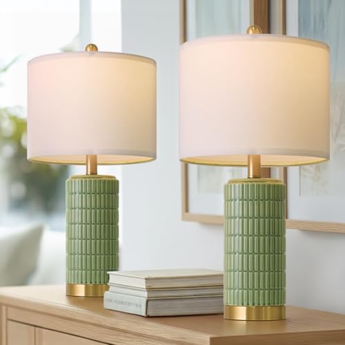 PoKat Bedside Table Lamps Set of 2 for Living Room with 2 USB Ports, 21.5'' Small Modern Nightstand Lamps for Bedroom, Ceramic Side Table Lamps with Gold Base for Office Entryway Decor Gift (Green) - color: Green and Gold