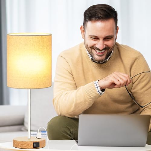 Lynnoland Set of 2 Touch Wood Table Lamps, Bedroom Lamps with 2 USB AC Outlet, 3-Way Dimmable Bedside Nightstand Lamps for Bedroom Living Room Nursery, 800 Lumens 2700K Bulbs Included - color: (2 Pack)Cream & Wood(Base)-2700K Bulbs Included