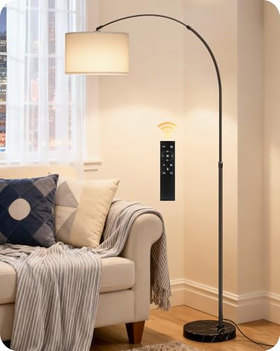 75" Arc Floor Lamp with Marble Base and Adjustable Height, Rotating Hanging Shade, Dimmable Floor Lamp for Living Room with Remote and Foot Switch, 3CCT, Over Couch Arched Light, White Shade W15LD05 - color: Black + White