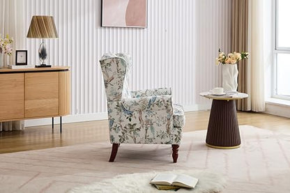 GDFStudio Modern Wingback Accent Chair with Solid Wood Legs and Cushion, Comfy Upholstered Floral Pattern Armchair, Retro Leisure Single Sofa Chair for Living Room Bedroom Home, Antique Blue 1 - color: Antique Blue 1