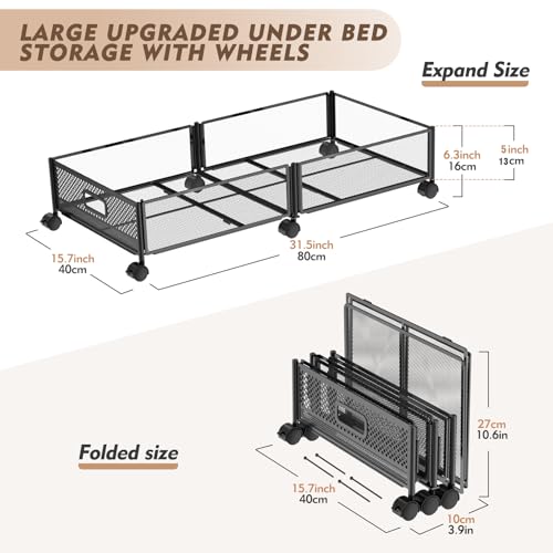 Under Bed Storage with Wheels, 31.5in / 35L Large Rolling Underbed Storage, Underbed Drawer on Wheels, Tool-free Assembly Metal Under Bed Drawers Organizer Container for Bedroom Shoes Clothes Toys - size: 2 Pack (31.5×15.7")