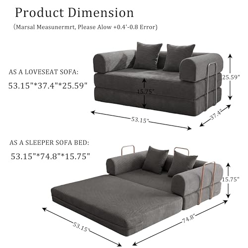 53.15" Boneless Couch,4-in-1 Futon Sofa Bed Modular Loveseat Sleeper Folding Compressed Couch with Pillows,No Assembly Required Convertible Sofa Bed for Living Room Bedroom Guest Room,Grey - color: Grey, size: 53.15" Loveseat Sofa