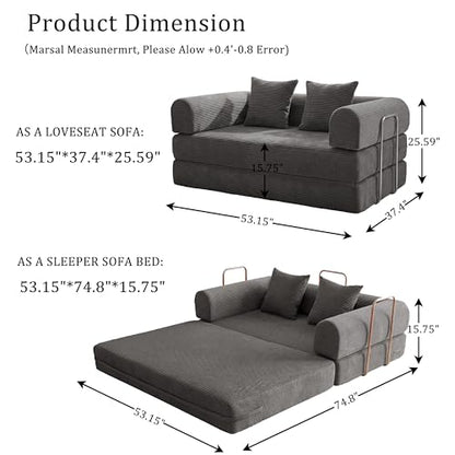 53.15" Boneless Couch,4-in-1 Futon Sofa Bed Modular Loveseat Sleeper Folding Compressed Couch with Pillows,No Assembly Required Convertible Sofa Bed for Living Room Bedroom Guest Room,Grey - color: Grey, size: 53.15" Loveseat Sofa