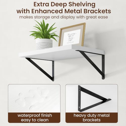 Deep Floating Shelves, 18'' x 12'' White Wall Shelves Set of 2 | 12 Inches Deep, for Heavy Books, Plants, Engineered Wood, Mounting Hardware Included, 40LBS, Kitchen, Laundry Room, Bathroom - color: White, size: 18W x 12D