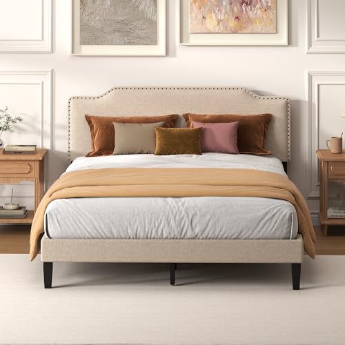 Queen Size Bed Frame with Upholstered Headboard, Platform Bed with Linen Adjustable Headboard | Classic Elegant Studded | Wooden Slats Support | No Box Spring Needed, Queen Bed Frame Beige - color: Beige, size: Queen (U.S. Standard)