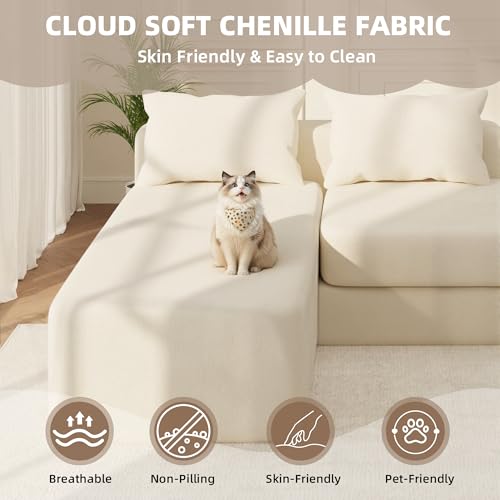 Boneless Sectional Couch, 4 in 1 Convertible Cloud Couch with Reversible Chaise & Deep Seat, Modular Sectional Sofa for Apartment, No Assembly Chenille Foam Couch in a Box, Beige - color: Beige, size: 89" Convertible Chaise Chenille