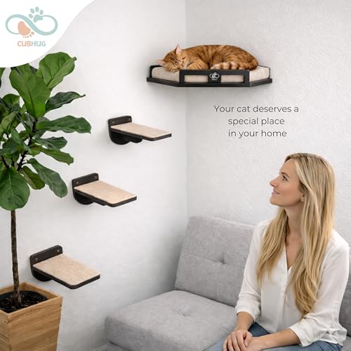 Cat Wall Shelves, Solid Wood Corner Bed, 3 Steps, Up to 25 lb, Black | Cushion included; 2 washable covers, cotton and plush; secures across two walls - color: Black