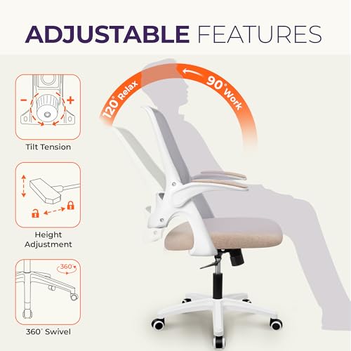 NEO CHAIR Office Desk Chair, Ergonomic Mesh with Flip-Up Armrests, Beige | Lumbar Support, Height Adjustment, 360° Swivel and Rolling Base, Space-Saving Design for Home Office, Vanity or Study - color: Beige