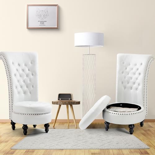 AVAWING High Back Velvet Throne Chair with Storage & Nailhead Trim, White | Tufted Ergonomic Back; Hidden Storage; Sturdy Rubberwood Legs; High-Density Foam; Easy Assembly; For Living Room Bedroom - color: White