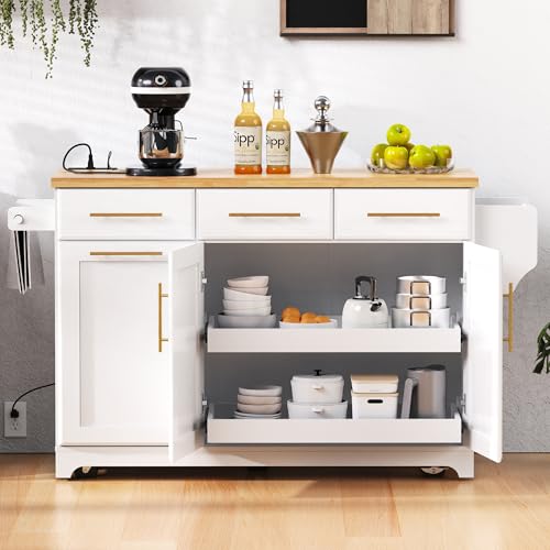 Kitchen Island with Trash Can Storage & Pull-Out Trays | Solid Rubberwood Countertop Kitchen Island on Wheels, Drop Leaf, Power Outlet, 3 Drawers - color: White
