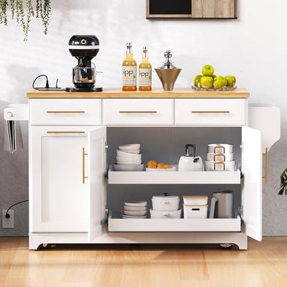 Kitchen Island with Trash Can Storage & Pull-Out Trays | Solid Rubberwood Countertop Kitchen Island on Wheels, Drop Leaf, Power Outlet, 3 Drawers - color: White