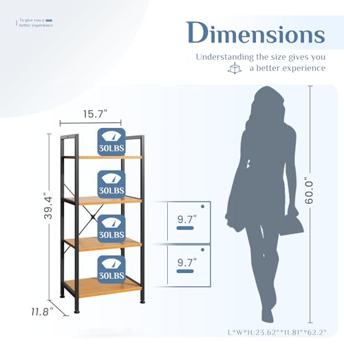 DUMOS 4 Tiers Open Bookshelf, Classic Freestanding Tall Display Shelf, Multifunctional Storage Organizer Rack for Living Room Home Office, Sturdy Bookcase for Books/Movies, Wood | Multifunctional Storage Organizer Rack for Living Room Home Office, Sturdy