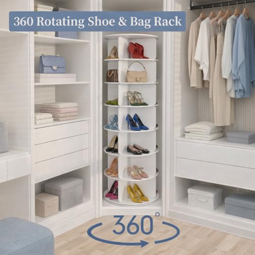 Cushore Rotating Shoe Rack Tower, Spinning Shoe Display Lazy Susan, Revolving 360 Shoe Storage Round Carousel, Shoe Purse Hat Organizer for Entryway, Closet, Cabinet, White - size: 23.5Inch