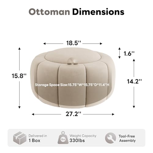Tbfit Round Storage Ottoman - No Assembly Required, Storage & Sturdy Structure Multi-Functional Seat/Footrest for Living Room, Bedroom & Kids Room Soft Fabric for Family Home Use，Beige - color: Beige-velvet