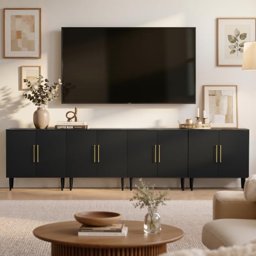 Set of 4 Black Storage Cabinet with Doors, Modern Accent Cabinet, Free Standing Cabinet with Adjustable Shelf, Wooden Buffet Sideboards for Living Room, Kitchen, Dining Room, Entryway - color: Black丨flat Panel, size: 4 Pieces