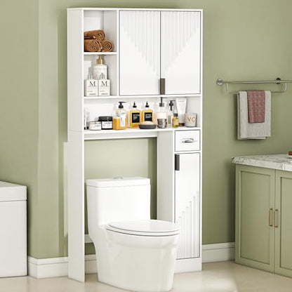 GOODONE White Over The Toilet Storage Cabinet - with 3 Doors and Toilet Paper Holder Stand, FreeStanding, for Bathroom, Restroom, Laundry - color: White