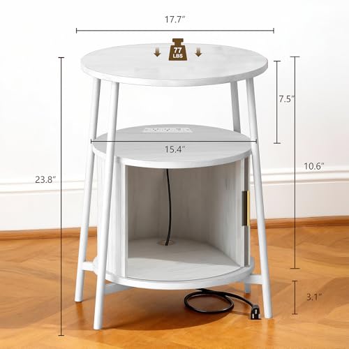 DHH Round End Tables Set of 2 & Charging Station, Fluted Accent Side Table with Sliding Door, Mid-Century Modern Nightstand Set of 2 for Small Space Storage, Living Room, Bedroom,Sofa Couch(2, White) - color: Grayish White
