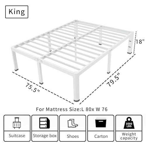ROIL 18 Inch White King Bed Frame with Rounded Corner & 4 Mattress Baffles | Easy Assembly, Noise Free, 3500LBS Load Capacity, No Box Spring Needed, 16.4" Storage Space, Headboard Hole, Heavy Duty Steel - size: King, style: 18 Inch White