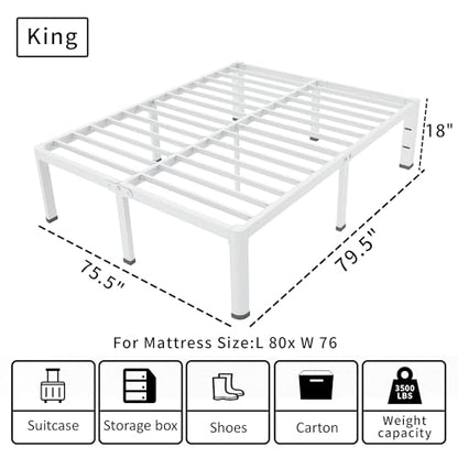 ROIL 18 Inch White King Bed Frame with Rounded Corner & 4 Mattress Baffles | Easy Assembly, Noise Free, 3500LBS Load Capacity, No Box Spring Needed, 16.4" Storage Space, Headboard Hole, Heavy Duty Steel - size: King, style: 18 Inch White