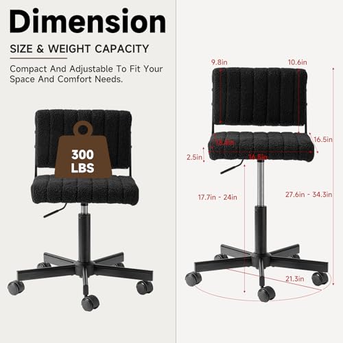 Office Chair Vanity Chair with Wheels | Comfy Desk Chair with Back | Cute Teddy Armless Adjustable Swivel Chair | Small Vanity Stool | for Bedroom Home Computer Task | Black - color: Black