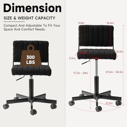 Office Chair Vanity Chair with Wheels | Comfy Desk Chair with Back | Cute Teddy Armless Adjustable Swivel Chair | Small Vanity Stool | for Bedroom Home Computer Task | Black - color: Black