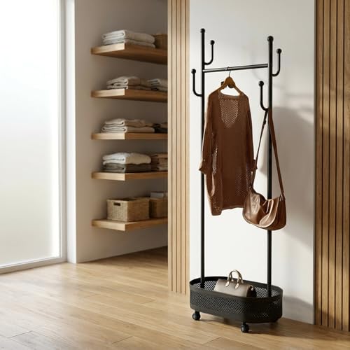 Black Wheeled Cactus Metal Coat Rack Freestanding Garment Organizer | Double Sided, Modern Style, Powder Coated, for Entryway and Bedroom, 24x14x66.93 Inches - color: Black