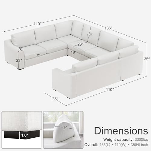 Convertible Sectional Sofa, U Shaped Couch, Natural Linen Fabric Couches with Extra Deep Seats, Big Comfy Couch Upholstered Modern Corner Sofa for Living Room, Office, White - color: White, size: 136 Inch - U Shaped(8 Seat)
