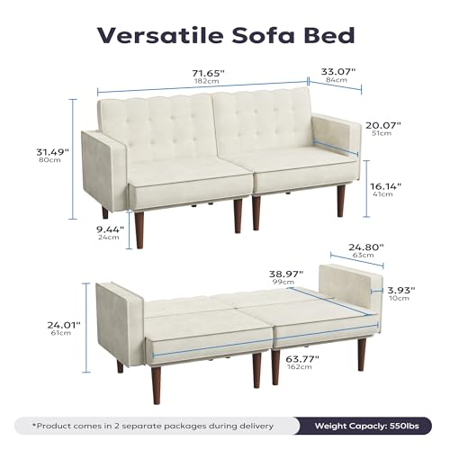 Furnify 71" Velvet Futon Sofa Bed, Versatile Loveseat Couch, Sleeper Sofa with Adjustable Backrest, Mid Century Modern Futon Couch for Small Space, Living Room, Office & Apartment, Velvet Fabric Beige - color: Beige
