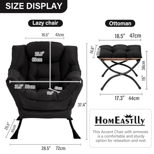 Lazy Chair with Ottoman, Soft Comfy Chair for Bedroom, Black | Reading Accent Lounge Chair with folding Foot Stool for Living Room Dorm Apartment, sturdy metal frame - color: Black