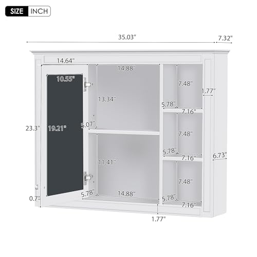 Wall Mounted Medicine Cabinet, Bathroom Storage Cabinet with Mirror Door and 6 Adjustable Open Shelf (7.3" D x 35" W x 27.5" H) (White) - color: White