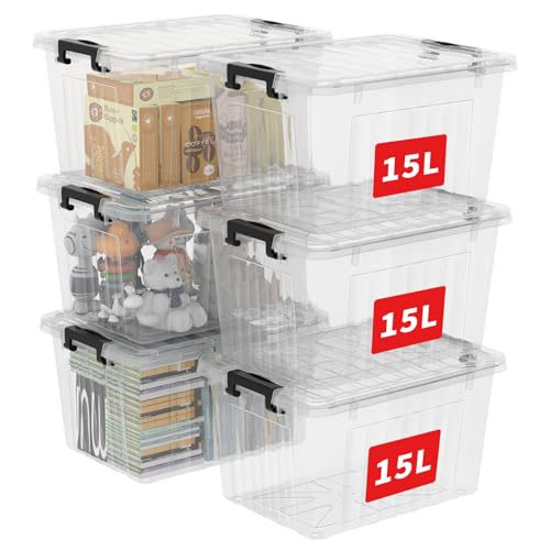 Cetomo 18Qt*6 Plastic Storage Bins, Storage Box, 6 Pack, Organizing Container with Durable Lids and Secure Latching Buckles, Stackable and Nestable, Clear with Black Buckle - size: 15L*6