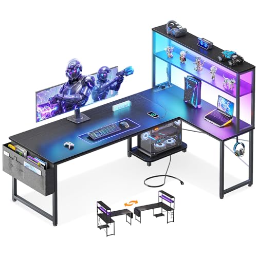 ODK 61" L Shaped Gaming Computer Desk with Shelves, LED & Outlets, Black | Headset hook. Storage bag. Shelves for books & supplies. LED for gaming nights. Reversible. Room for multiple monitors. - color: Black, size: 61 Inch
