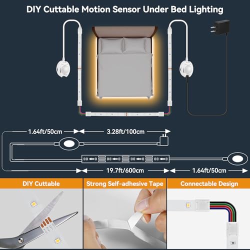 Dual Motion Sensor LED Light Strip 19.7ft Warm White for Stairs Bed Indoor | Motion Activated LED Strip Lights,Two-End Sensors,12v Dimmable Auto On/Off Night Lighting for Hallway Bedroom Cabinet Kitchen - size: 19.7ft--Two Motion Sensors