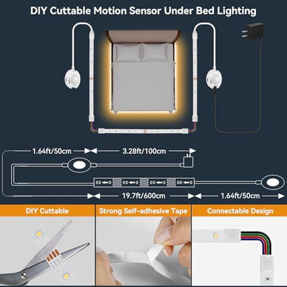 Dual Motion Sensor LED Light Strip 19.7ft Warm White for Stairs Bed Indoor | Motion Activated LED Strip Lights,Two-End Sensors,12v Dimmable Auto On/Off Night Lighting for Hallway Bedroom Cabinet Kitchen - size: 19.7ft--Two Motion Sensors