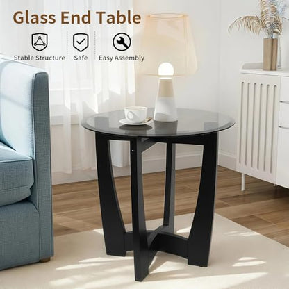 Glass End Table, 23.5" Round Side Tables with Black Tempered Glass Top Cross and Solid Wood Base Small Night Stand for Living Room Office Apartment Black - color: D-3, size: Round