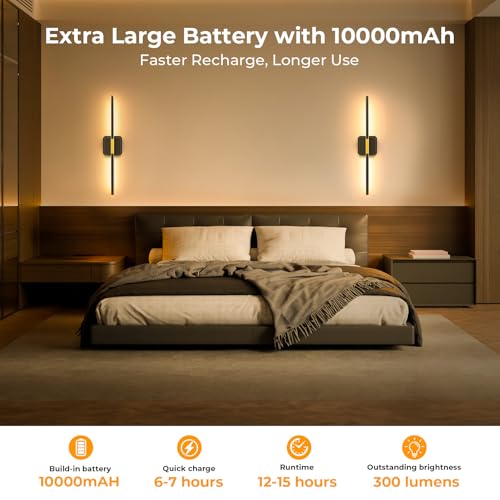Battery Operated Wall Sconces 360°Rotate Detachable Dimmable Set of 2 | Rechargeable Wall Light 3000-6500K with Remote Control 10000mAh for Bedroom Living Room 28.3" Black Gold - color: Black-Square Base, size: 2 Pack