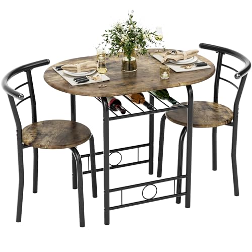 Flamaker Dining Table for 2, 3 Piece Round Table & Chair Set, Small Kitchen Table for Breakfast Nook, Wood Grain Tabletop and Built-in Storage Rack, Space Saving for Kitchen, Dining Room (Walnut) - color: Walnut