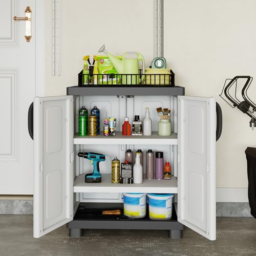Giantex Storage Cabinet with 2 Doors and Adjustable Shelves, Modern Plastic Base Garage Organizer, Floor Sideboard for Kitchen, Dining Room, Bathroom (Wide-29"x19"x37",White+Grey) - color: White+grey, size: Wide-29"x19"x37"