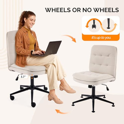 VINGLI Mid Back Armless Office Desk Chair with Wheels/no Wheels,360°Rocking Swivel Vanity Chair with Thickened Cushion,Adjustable Height Rolling for Reading Room, Make up,Linen Beige - color: Beige