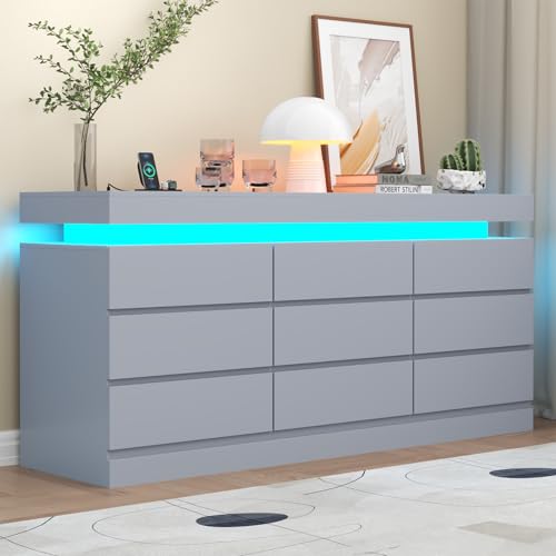 Gyfimoie 9 Drawer Dresser with Power Outlet, Modern Dresser with LED Light | Modern Chest of Drawers for Closet, Wide Drawer Organizer Cabinet for Bedroom,Living Room - color: Grey, size: 15.8"D x 62.6"W x 32.1"H (9 Drawers)