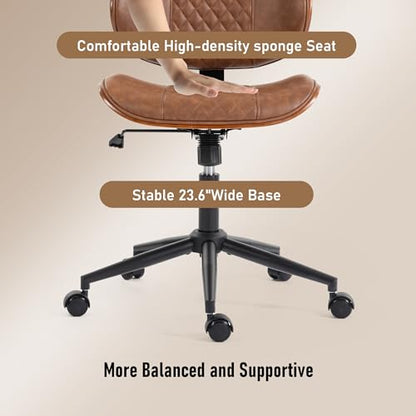 Modern Walnut Home Office Chair, Executive Desk Chair No Arms Brown | with Wheels, Adjustable Height, Comfy PU, Deeper Cushion, Mid Back, 360 Swivel Computer Chair - color: Brown