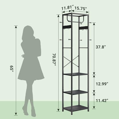 ELYKEN Coat Rack Freestanding, Hall Tree with 3 Shelves and 12 Hooks, Black | Industrial Metal Frame, Space-Saving Design, Clothes Rack Stand Organizer for Bedroom, Hallway, Entryway, Office, Living Room - color: Black