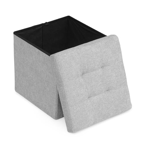 Athena Collection 15" Storage Ottoman Bench Folding Bench with 40L Hidden Storage, Small Cube Ottoman Linen Foot Rest Stool Chest with Flipping Lid for Living Room, Bedroom, Entryway, Light Gray